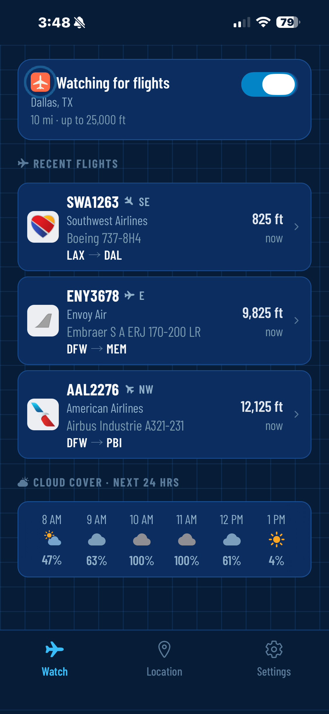 The Planely app's Watch tab, listing flights that recently passed overhead